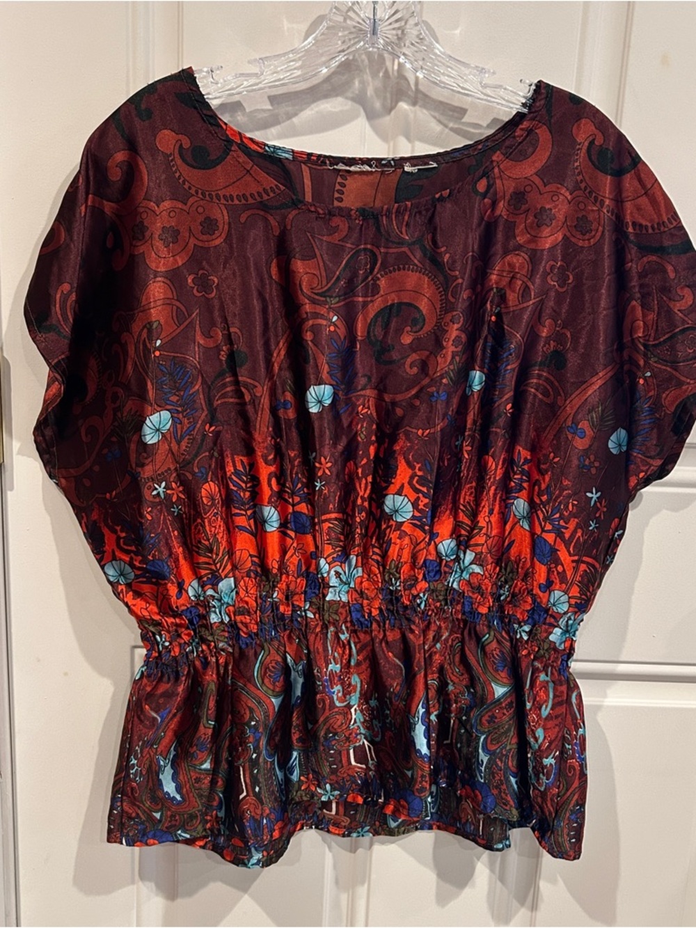Boho Paisley Floral Blouse in Burgundy and Red with Teal Accents